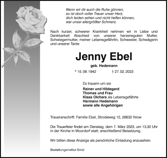 Traueranzeige von Jenny Ebel 