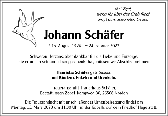 Traueranzeige von Johann Schäfer 