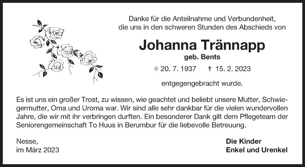  Traueranzeige für Johanna Trännapp vom 11.03.2023 aus 