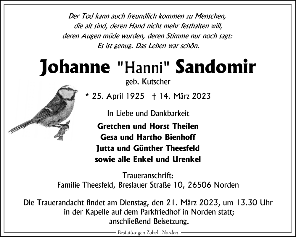  Traueranzeige für Johanne Sandomir vom 16.03.2023 aus 