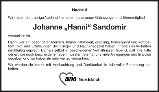 Traueranzeige von Johanne Sandomir 