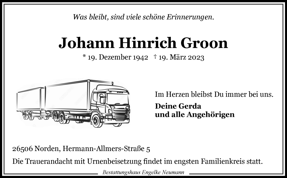  Traueranzeige für Johann Hinrich Groon vom 21.03.2023 aus 