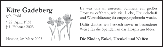 Traueranzeige von Käte Gadeberg 