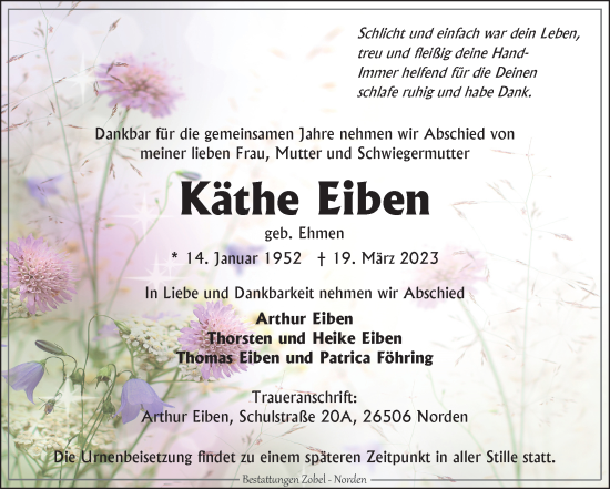 Traueranzeige von Käthe Eiben 