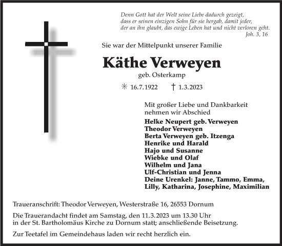 Traueranzeige von Käthe Verweyen 