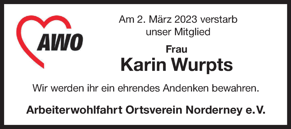  Traueranzeige für Karin Wurpts vom 10.03.2023 aus 
