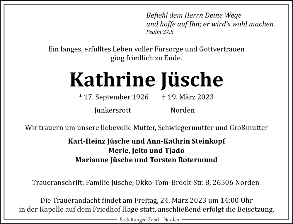  Traueranzeige für Kathrine Jüsche vom 22.03.2023 aus 