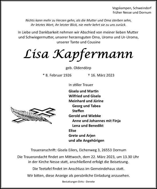 Traueranzeige von Lisa Kapfermann 