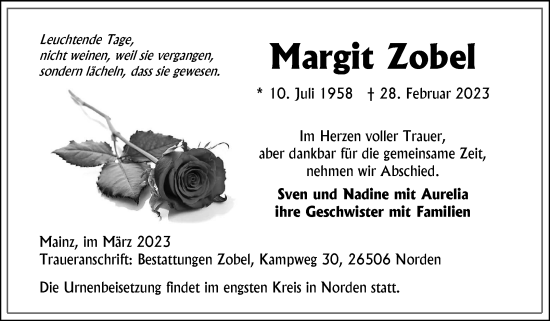 Traueranzeige von Margit Zobel 