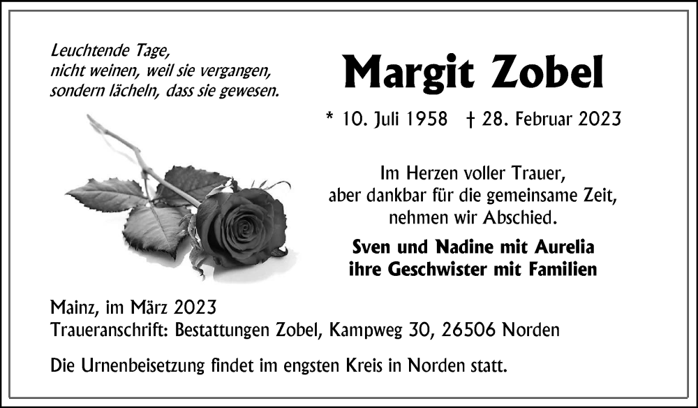  Traueranzeige für Margit Zobel vom 11.03.2023 aus 