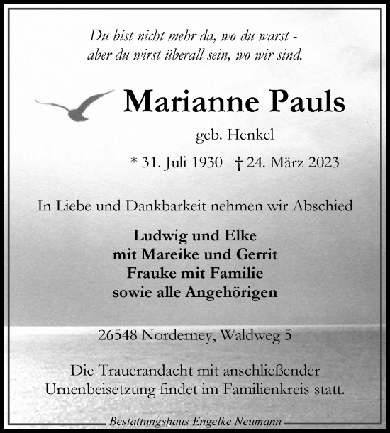 Traueranzeige von Marianne Pauls 