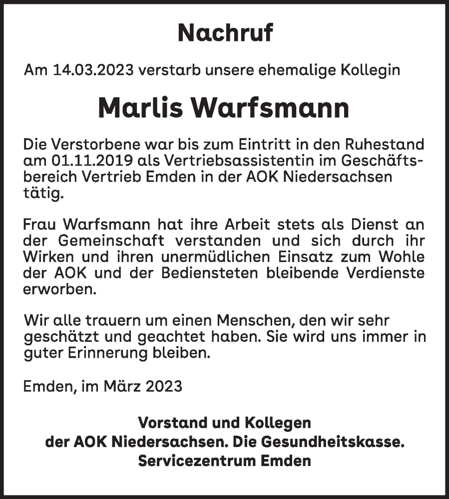  Traueranzeige für Marlis Warfsmann vom 23.03.2023 aus 