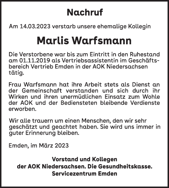 Traueranzeige von Marlis Warfsmann 