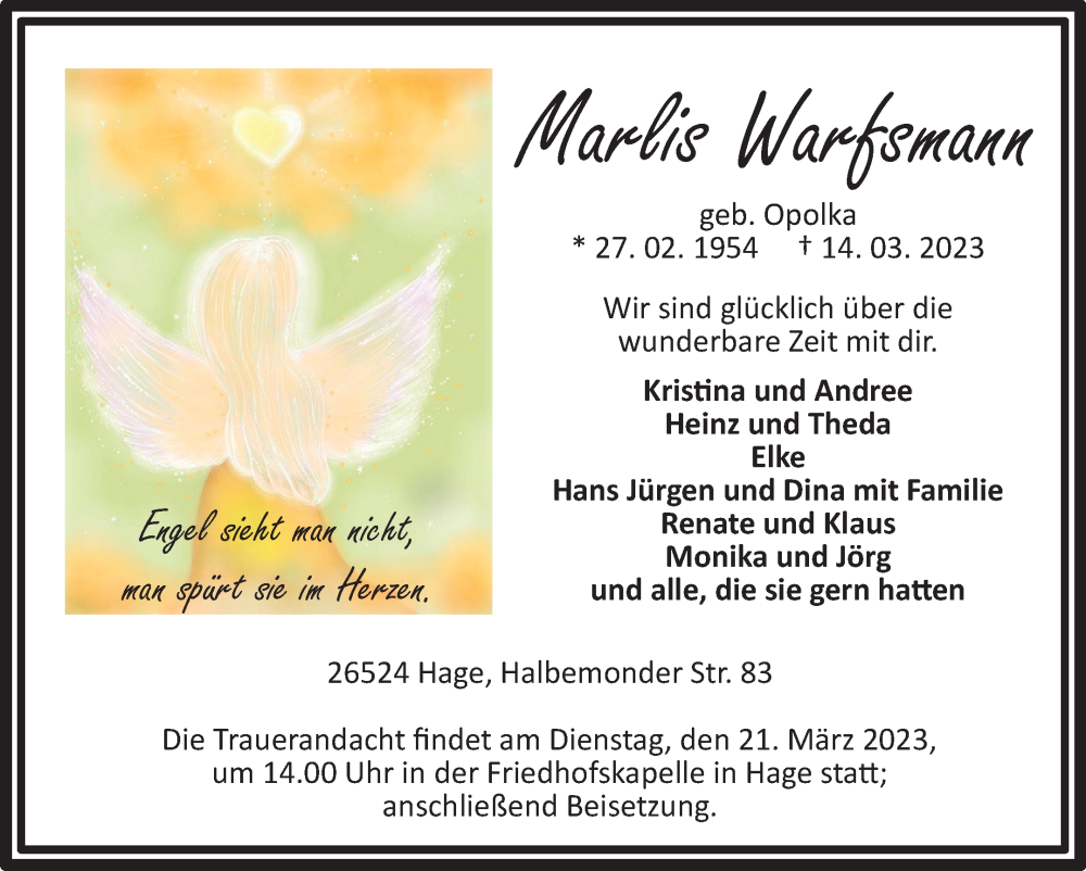  Traueranzeige für Marlis Warfsmann vom 17.03.2023 aus 