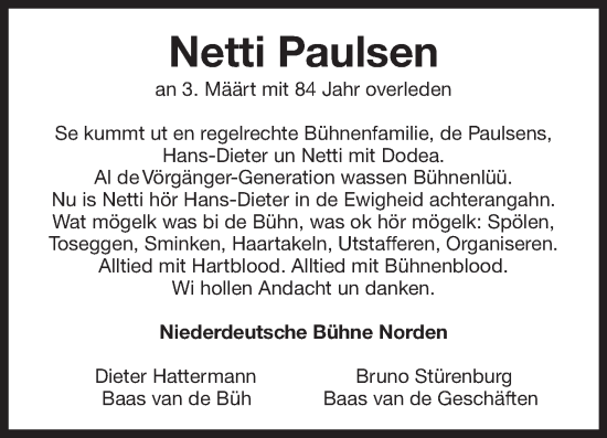 Traueranzeige von Netti Paulsen 