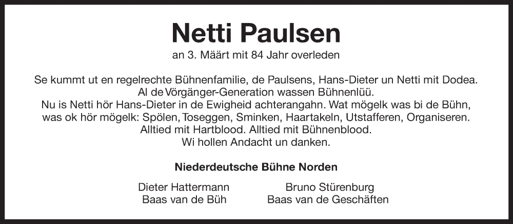  Traueranzeige für Netti Paulsen vom 06.03.2023 aus 