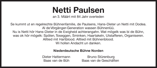 Traueranzeige von Netti Paulsen 