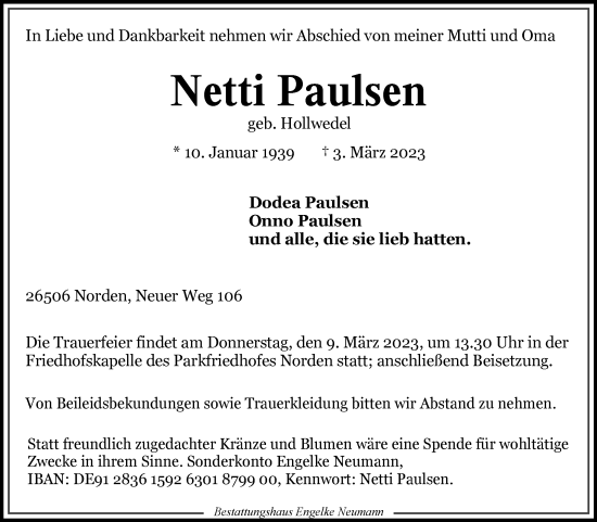 Traueranzeige von Netti Paulsen 