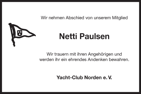 Traueranzeige von Netti Paulsen 