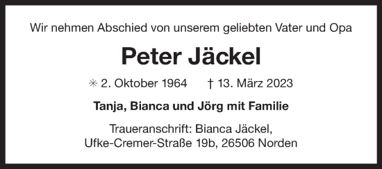 Traueranzeige von Peter Jäckel 