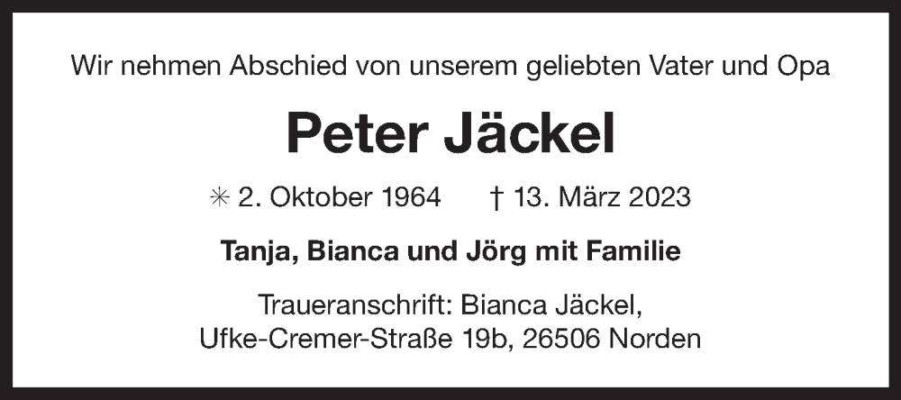  Traueranzeige für Peter Jäckel vom 18.03.2023 aus 