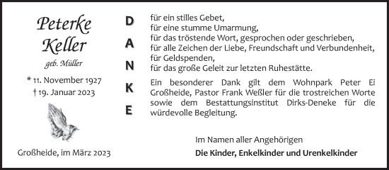Traueranzeige von Peterke Keller 