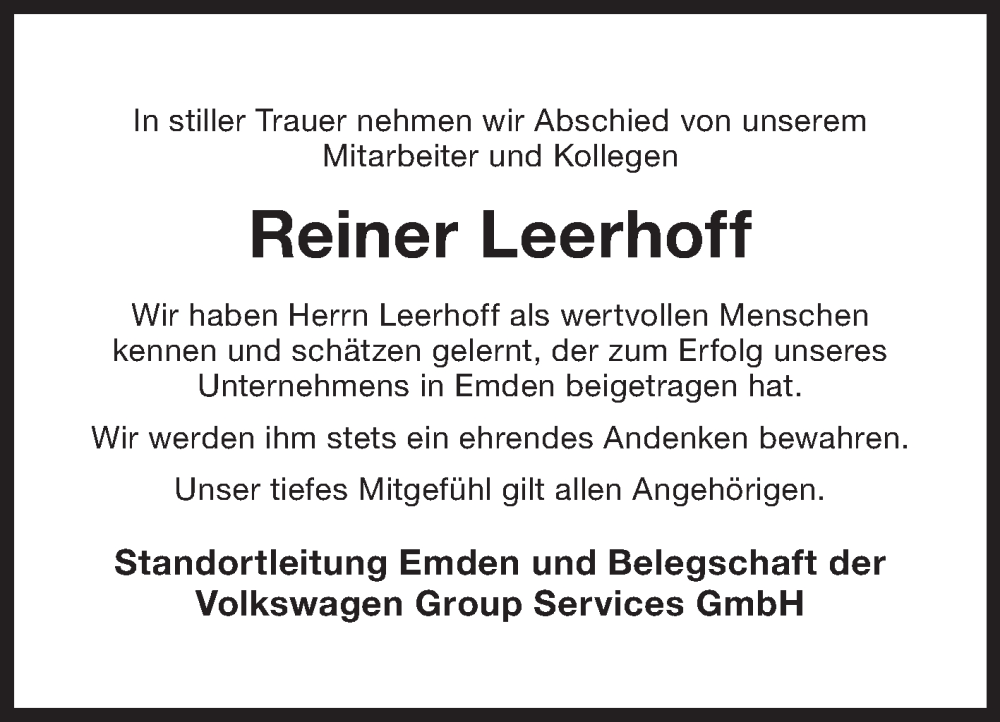  Traueranzeige für Reiner Leerhoff vom 09.03.2023 aus 