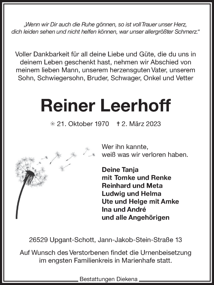  Traueranzeige für Reiner Leerhoff vom 07.03.2023 aus 