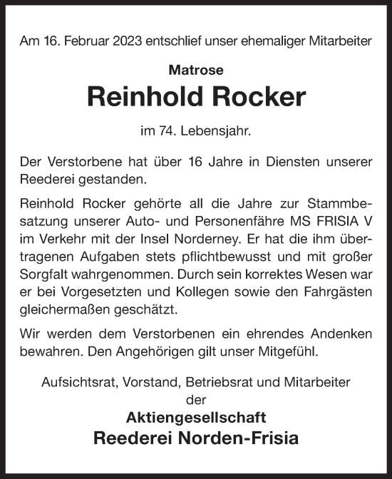 Traueranzeige von Reinhold Rocker 