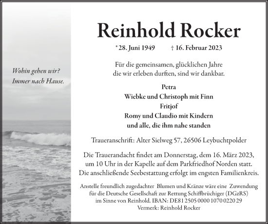 Traueranzeige von Reinhold Rocker 