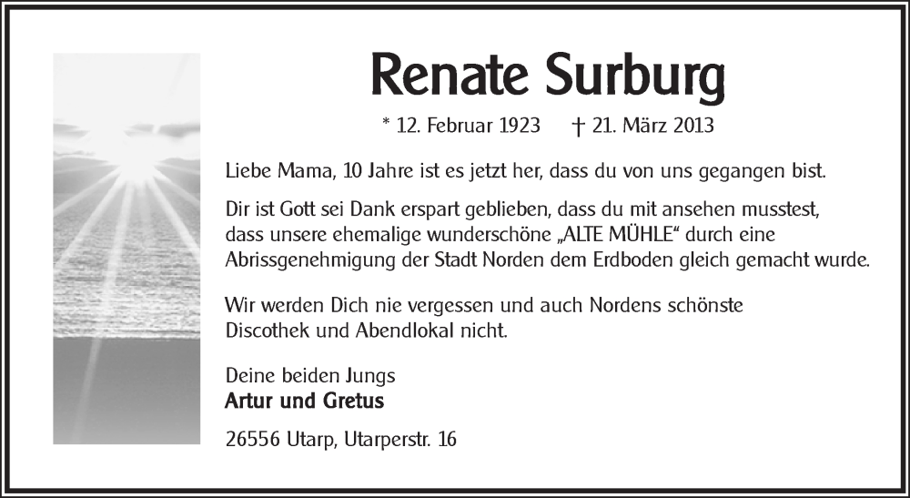  Traueranzeige für Renate Surburg vom 18.03.2023 aus 