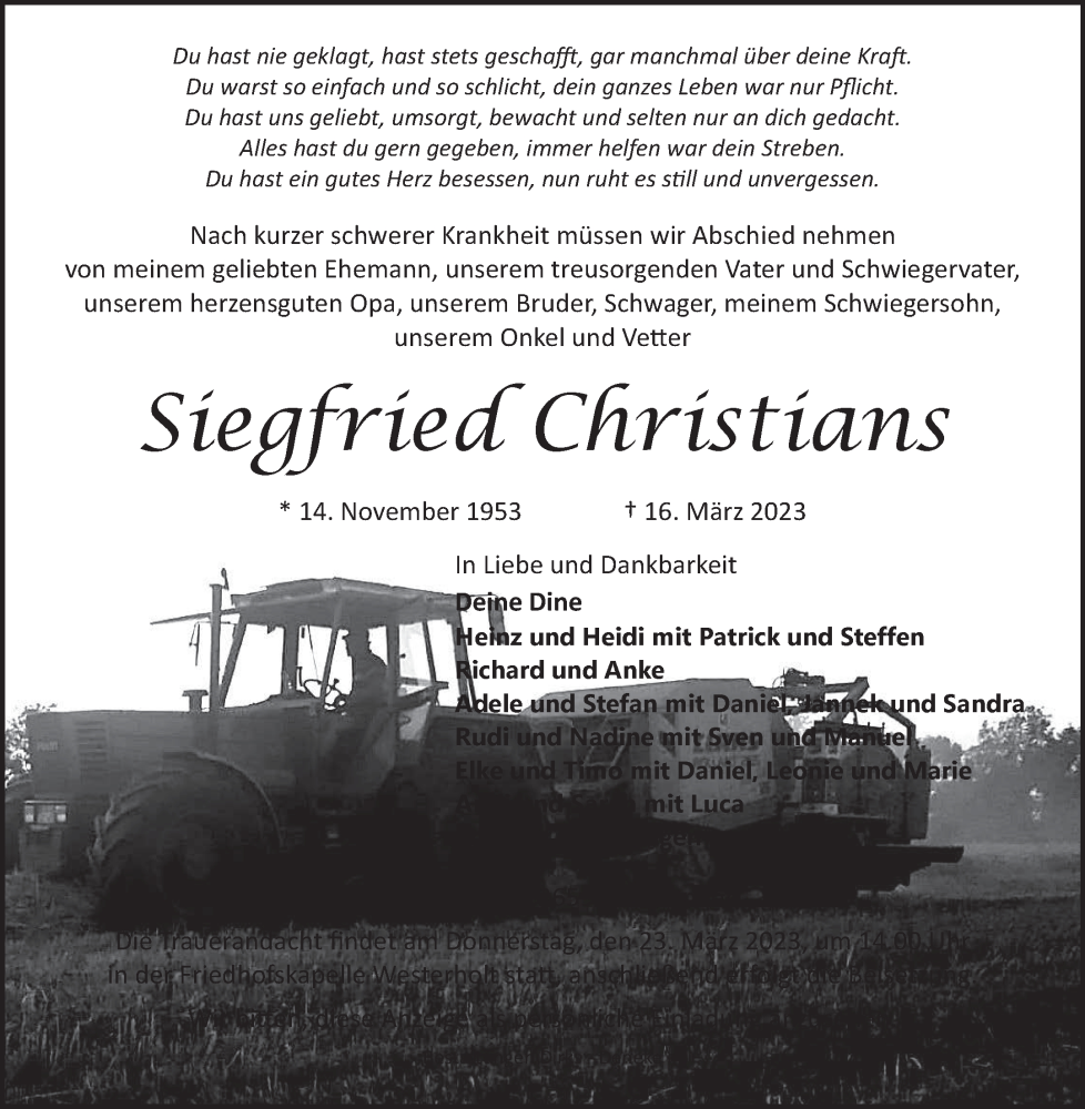  Traueranzeige für Siegfried Christians vom 18.03.2023 aus 