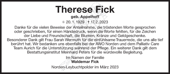 Traueranzeige von Therese Fick 