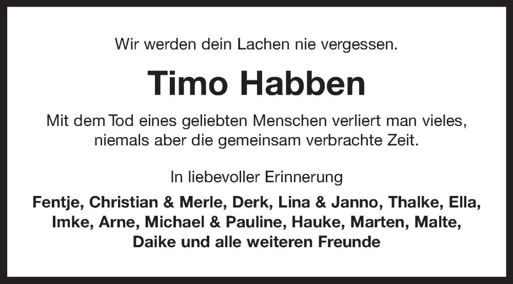  Traueranzeige für Timo Habben vom 16.03.2023 aus 