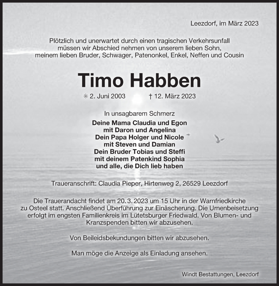  Traueranzeige für Timo Habben vom 15.03.2023 aus 