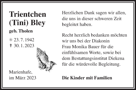 Traueranzeige von Trientchen Bley 