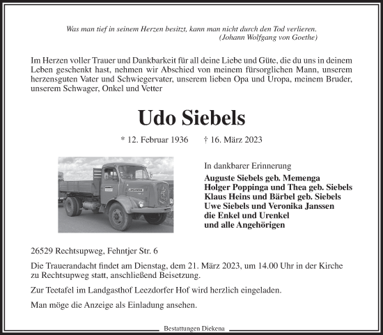 Traueranzeige von Udo Siebels 