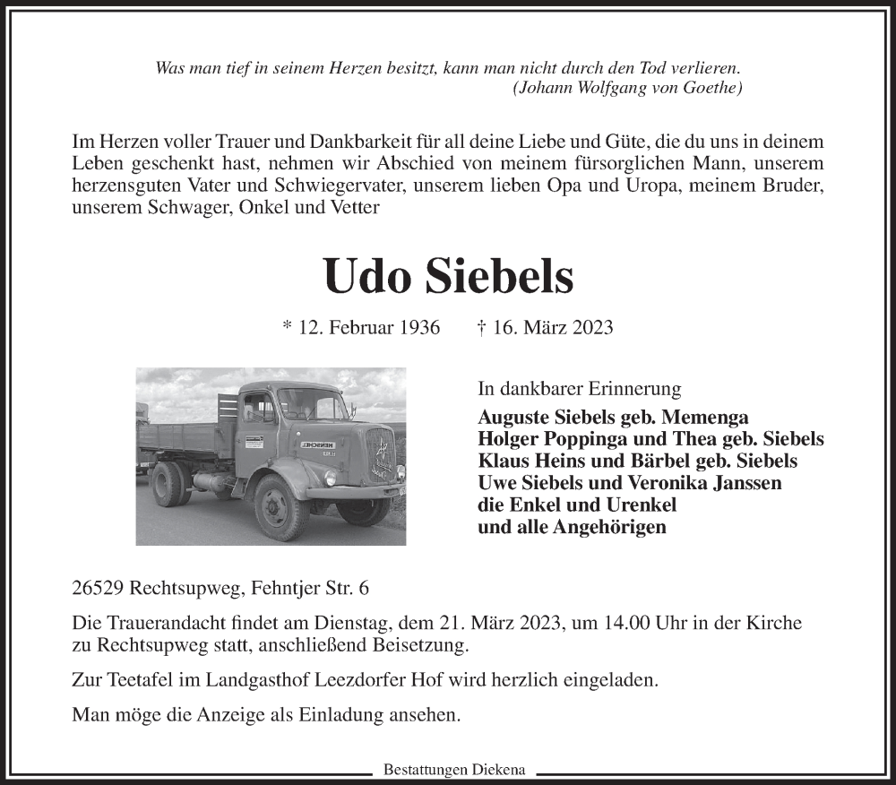  Traueranzeige für Udo Siebels vom 18.03.2023 aus 