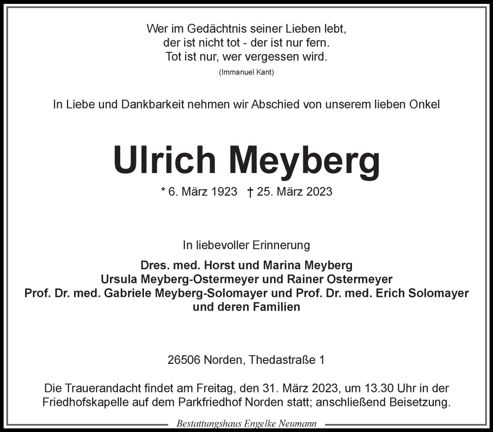  Traueranzeige für Ulrich Meyberg vom 30.03.2023 aus 