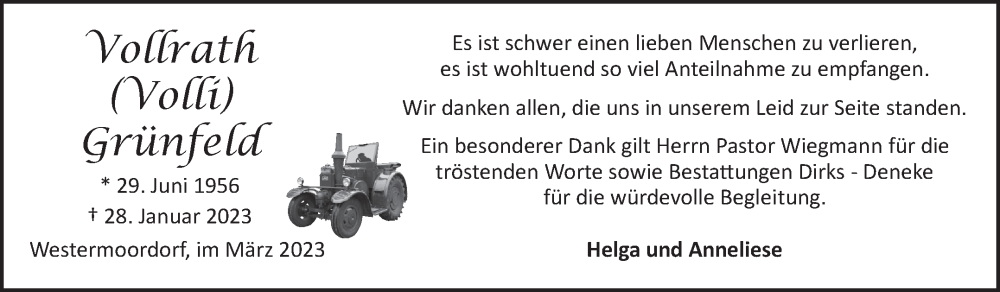  Traueranzeige für Vollrath Grünfeld vom 11.03.2023 aus 