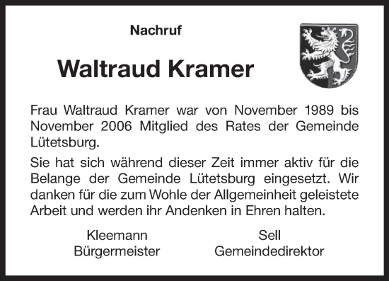 Traueranzeige von Waltraud Kramer 