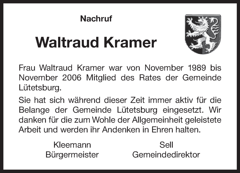  Traueranzeige für Waltraud Kramer vom 30.03.2023 aus 
