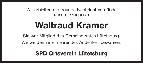 Traueranzeige von Waltraud Kramer 