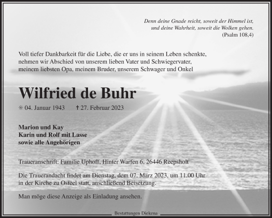Traueranzeige von Wilfried de Buhr 