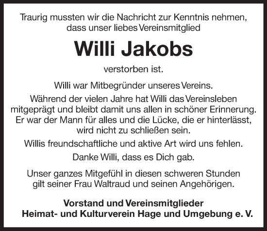 Traueranzeige von Willi Jakobs 