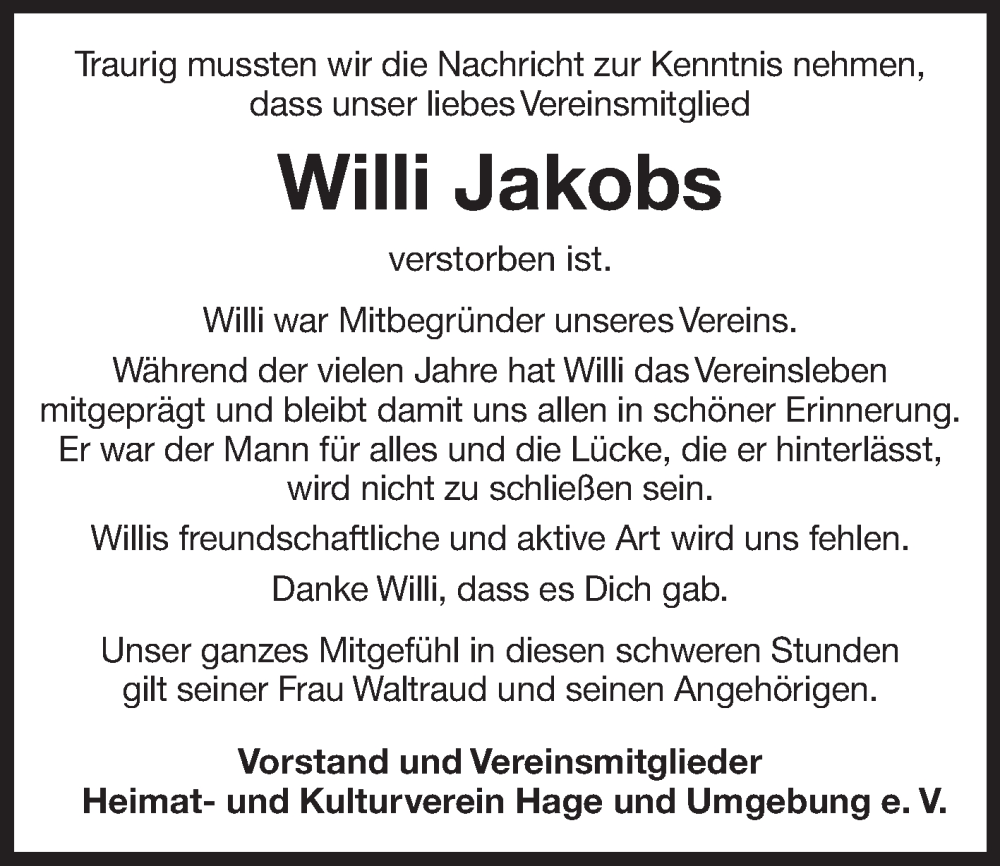  Traueranzeige für Willi Jakobs vom 18.03.2023 aus 