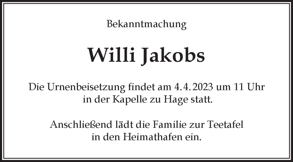  Traueranzeige für Willi Jakobs vom 30.03.2023 aus 