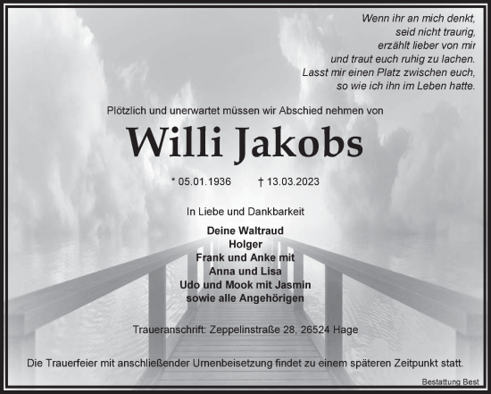 Traueranzeige von Willi Jakobs 