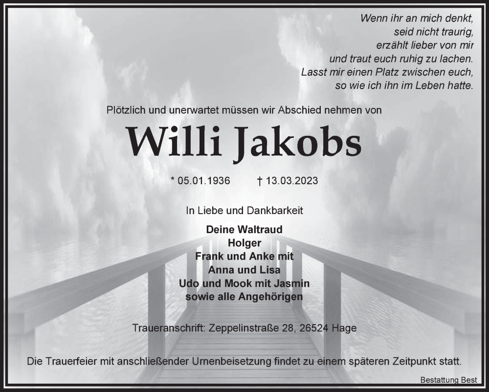  Traueranzeige für Willi Jakobs vom 14.03.2023 aus 