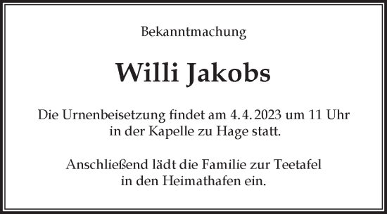 Traueranzeige von Willi Jakobs 